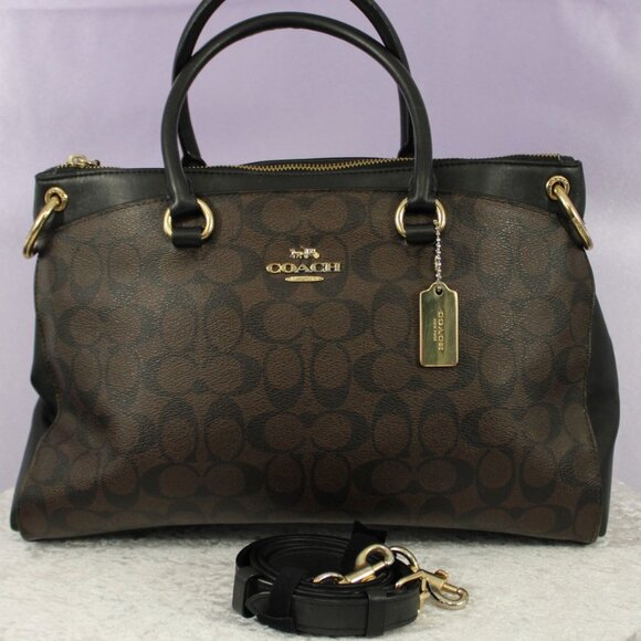 Coach Signature C Satchel Tote Bag with Strap – Brown/Black Leather – Brass Hard - Picture 1 of 10